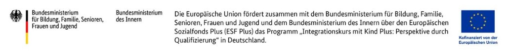 Förderlogos der Europäischen Union und des Bundesministeriums für Bildung, Familie, Senioren, Frauen und Jugend zur Unterstützung von Kinderbetreuung und Integration